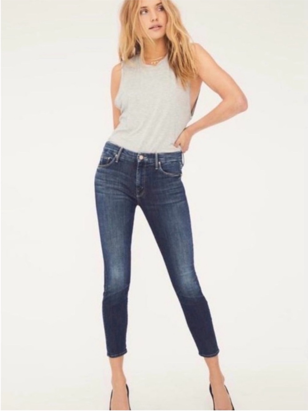 MOTHER Cropped High-Rise Skinny Jeans - Dark Blue